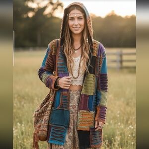 Ark Import Artsy Boho Faded Patchwork Hooded Fleece Lined Jacket Size M Hippi